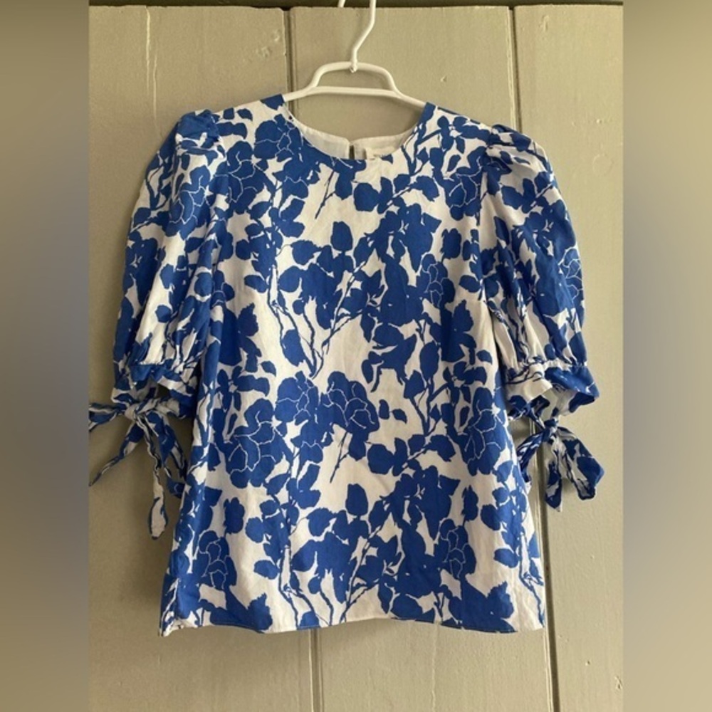 Tuckernuck Hyacinth House Blue Floral Puff Sleeve Blouse Size S Preppy